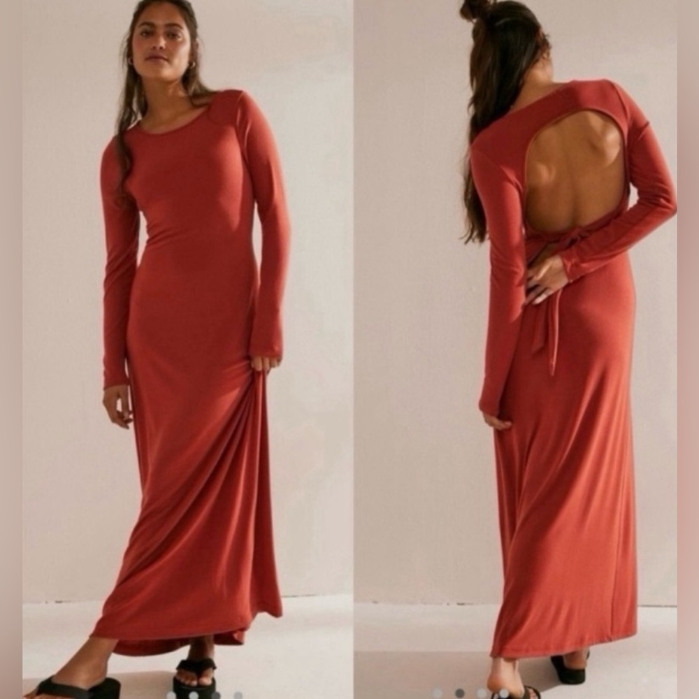 Elegant Long Sleeve Open Back Dress - Rust